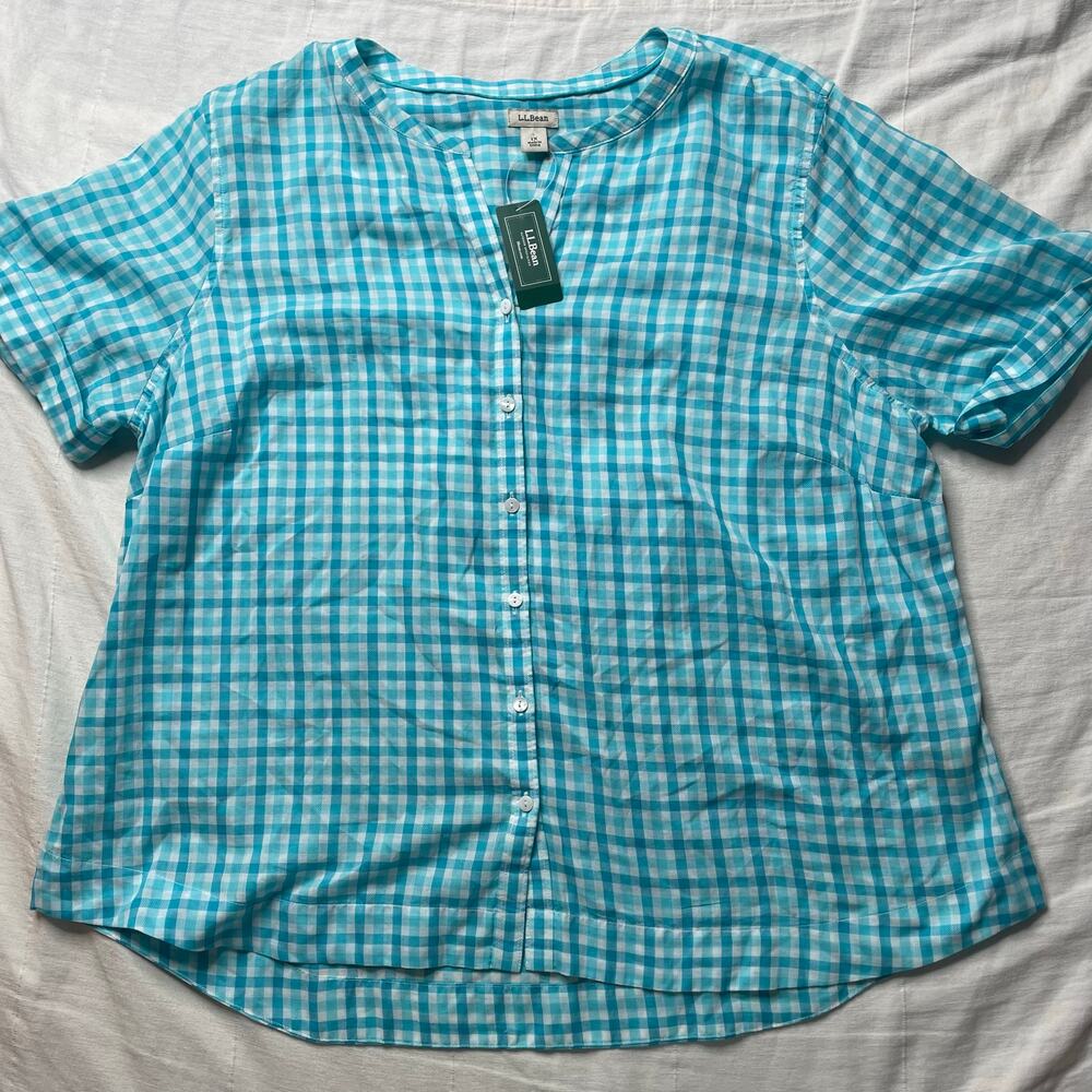 NWT L.L. Bean Blue Gingham Cotton Button Front Short Sleeve Shirt 1X Women's